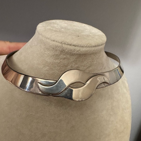 Vintage Taxco Mexico Sterling Silver Modernist Wave Collar Choker Necklace 925 - Picture 3 of 10